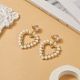 Wrapped Shell Pearl Beaded Dangle Stud Earrings, Heart Brass ABS Plastic Imitation Pearl Earring for Women