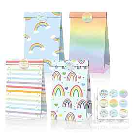 12 pcs 4 motifs sac cadeau en papier couleur arc-en-ciel, sac d'emballage alimentaire, avec des autocollants d'étiquette à pois ronds, rectangle à motifs mixtes