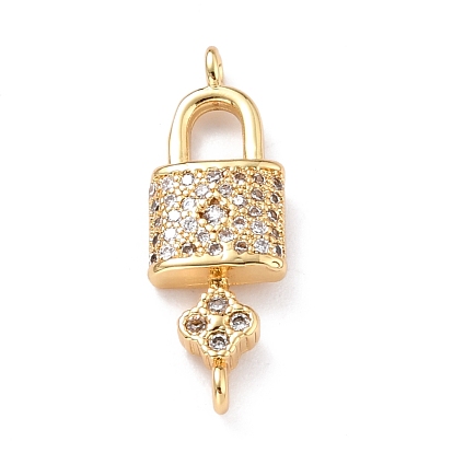 Brass Micro Pave Clear Cubic Zirconia Links Connectors, Long-Lasting Plated, Lock with Key