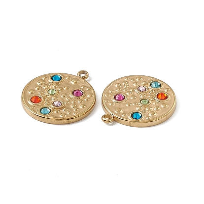 Vacuum Plating 201 Stainless Steel Pendants, Colorful Rhinestone Flat Round Charms