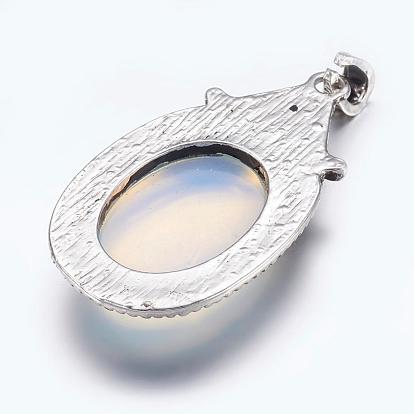 Natural Opalite Big Pendants, with Alloy Bail, Antique Silver Metal Color, Oval, 29x56x11mm, Hole: 4x6mm