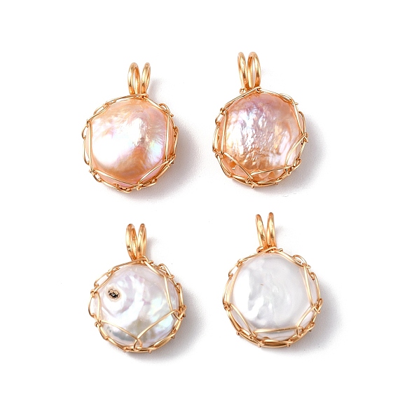 Natural Cultured Freshwater Keshi Pearl Beads Pendants, Flat Round Button Charms, with Long-Lasting Plated Golden Tone Copper Wire Wrapped
