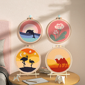 Flamingo/Camel/Deer Pattern Punch Embroidery Beginner Kit, including Instruction Sheet, Yarn, Punch Pen, Cotton Fabric, Plastic Embroidery Hoop & Needle