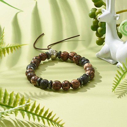 Anxiety Stress Synthetic Hematite & Natural Lava Rock Bracelets for Men Women, Gourd Stretch Bracelet with Round Wood Beads