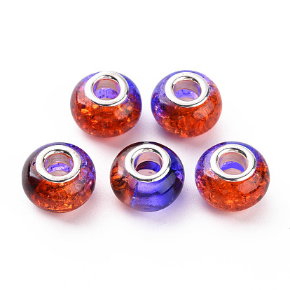 Crackle Two Tone Resin European Beads, Large Hole Beads, with Silver Tone Brass Double Cores, Rondelle