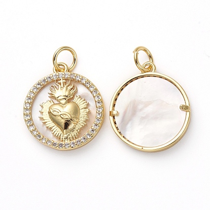 Golden Tone Brass Micro Pave Cubic Zirconia Pendants, with Shell and Jump Rings, Flat Round with Heart