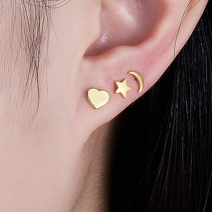 3pcs 3 style 925 boucles d'oreilles en argent sterling, lune et étoile et coeur, avec cachet s