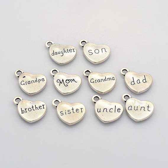 Family Theme Tibetan Style Alloy Charms, Heart with Words, Lead Free, 13x18x3mm, Hole: 2mm, 10pcs/set