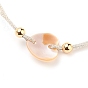 Bracelet ajustable en cordon tressé en polyester, lien bracelet, avec perles rondes naturelles, perles en laiton et maillons coquillage, cœur
