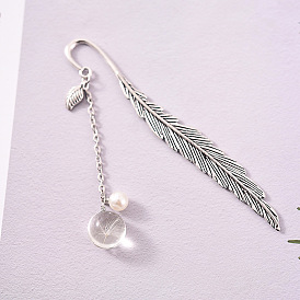 Tibetan Style Alloy Feather Bookmarks, Glass Pendant Book Marker, with Plastic Pearl, Antique Silver