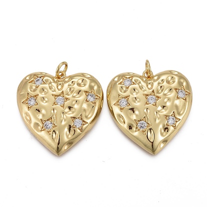 Hammered Brass Micro Pave Clear Cubic Zirconia Pendants, with Jump Rings, Long-Lasting Plated, Heart with Star