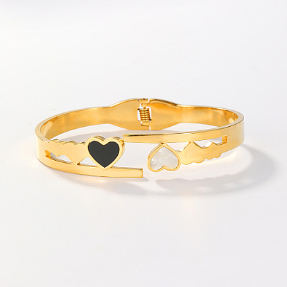 Bracelet manchette à charnière en forme de cœur en coquillage naturel, bracelet en acier inoxydable