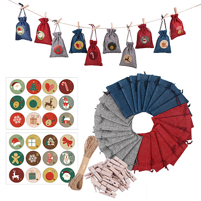 24 Days Burlap Hanging Advent Calendars, DIY Xmas Countdown Christmas Decorations, with Stickers & Clips & Rope & 3 Colors Burlap Pouches