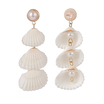 Natural Spiral Shell & Shell Pearl Dangle Stud Earrings, Brass Long Drop Earrings for Women
