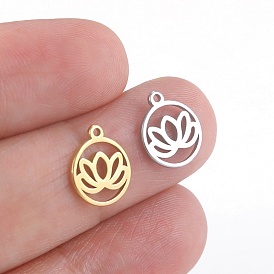304 Stainless Steel Charms, Cut-Out, Flat Round with Flower