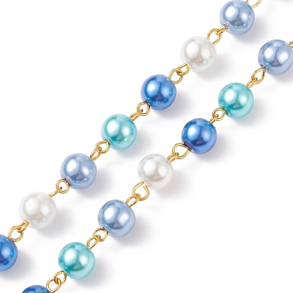 5Pcs 5 Color Handmade Glass Pearl Beaded Chain, with Gold Plated Iron Eye Pins, Unwelded