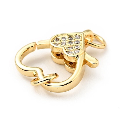Brass Micro Pave Clear Cubic Zirconia Heart Lobster Claw Clasps, with Double Jump Rings, Cadmium Free & Lead Free