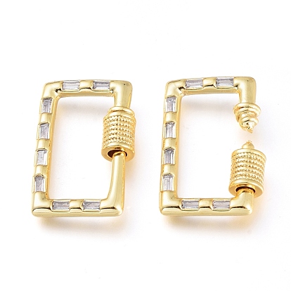 Brass Micro Pave Cubic Zirconia Screw Carabiner Lock Charms, for Necklaces Making, Rectangle, Golden
