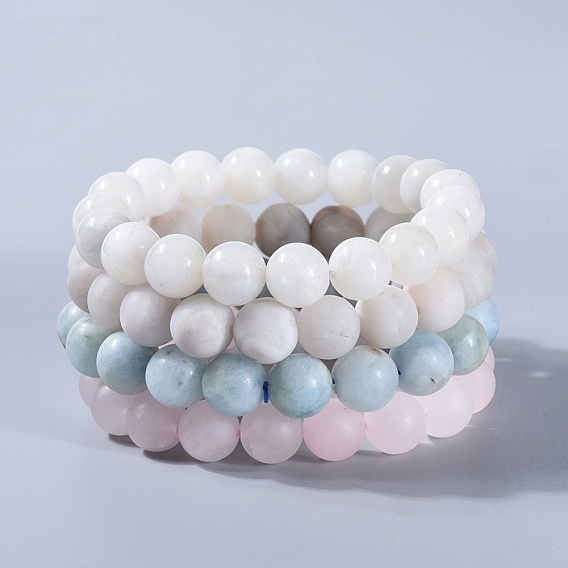 Natural Gemstone Beads Stretch Bracelets, with Natural Aquamarine, Frosted Natural Rose Quartz, Natural White Moonstone and Natural Agate, Round, Packing Box