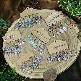 Vintage Ethnic Style Earrings Set of 6 with Turquoise Stone in Antique Silver Finish