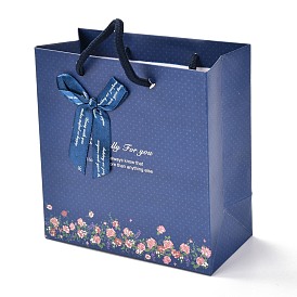 Sacs en papier rectangle, avec poignées en corde de coton et ruban bowknot, motif floral et mot, pour sacs-cadeaux et sacs à provisions