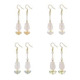 Acrylic Tulip with Glass Leaf Dangle Earrings, Golden 304 Stainless Steel Jewelry for Women