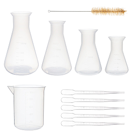 GLOBLELAND Plastic Beaker Sets, with Tube Bottle Wash Cleaning Brush and Disposable Plastic Dropper, Plastic Measuring Cup