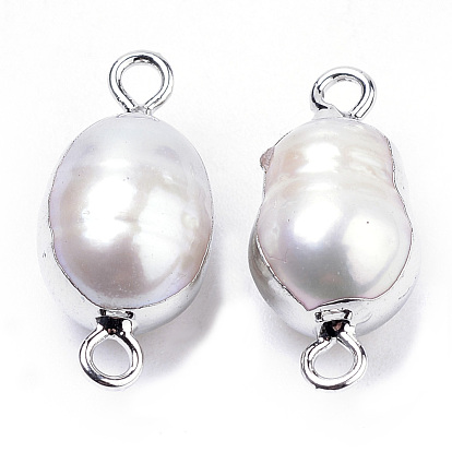 Plated Natural Baroque Pearl Keshi Pearl Links/Connectors, with Iron Findings, Oval