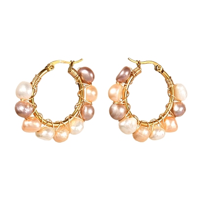 4 pares de aretes de perlas naturales vintage para niñas y mujeres, Pendientes de aro de acero inoxidable, dorado