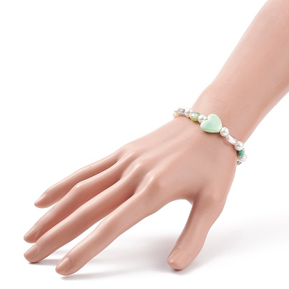 Acrylic Heart & Glass Pearl Beaded Stretch Bracelet for Kids
