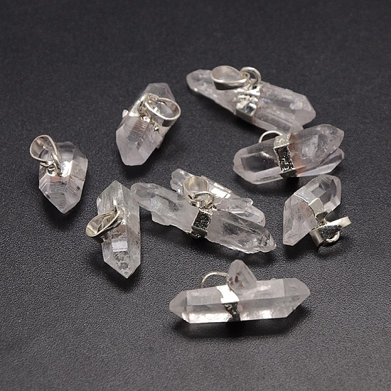 Natural Quartz Crystal Nuggets Pendants, Rock Crystal, with Plated Metal Color Brass Findings, 20~38x12~14x7~14mm, Hole: 5x8mm