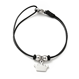 304 Stainless Steel Crown Charm Bracelet with Waxed Cord for Women