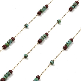 Medium Aquamarine Rondelle Glass Seed Beaded Link Chains, with 304 Stainless Steel Paperclip Chains, Soldered, with Spool