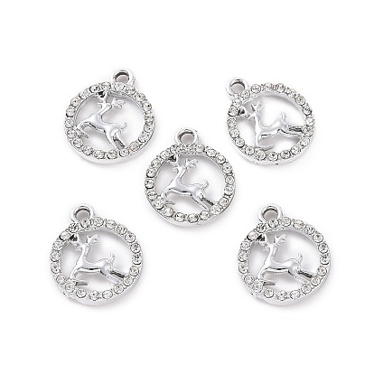 Alloy Crystal Rhinestone Pendants, Ring with Deer Charms