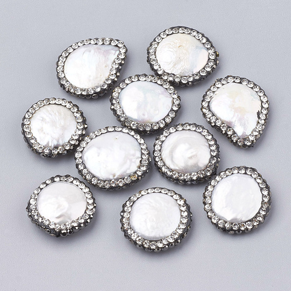 Perles de coquille d'eau douce naturelles rondes en argile polymère strass, 15~23x15~19x5~6mm, Trou: 0.7mm