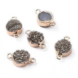 Electroplate Natural Druzy Agate Links Connectors, with Light Gold Plated Brass Findings, Flat Round