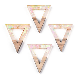 Pendentifs en résine transparente et bois blanc, charms triangle creux avec paillettes
