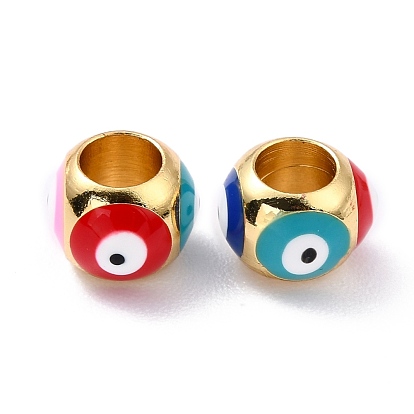 Real 18K Gold Plated Brass European Beads, with Enamel, Long-Lasting Plated, Round with Eye