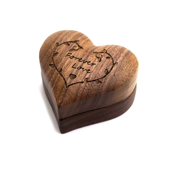 Heart Wooden Ring Storage Boxes, Engraved Ring Gift Boxes, with Magnetic Clasps