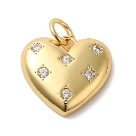 Rack Plating Brass Micro Pave Clear Cubic Zirconia Charms, Long-Lasting Plated, Cadmium Free & Lead Free, Heart Charms