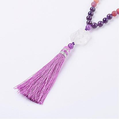 Frosted Natural Weathered Agate and Gemstone Necklace, with Nylon Tassel Pendants