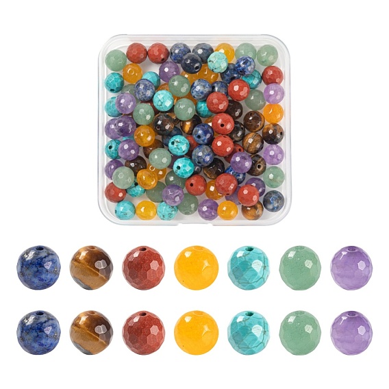 100 pcs 7 style perles de pierres précieuses mélangées naturelles, facette, ronde