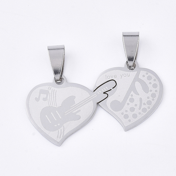 201 inoxydable pendentifs fendus en acier, pour les amoureux, coeur avec guitare et note de musique et mot t'aime, pour Saint Valentin