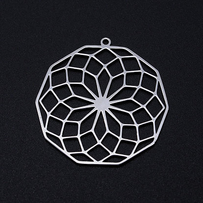 201 Stainless Steel Filigree Charms, Polygon with Flower