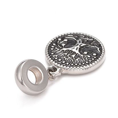 304 Stainless Steel European Dangle Charms, Large Hole Pendants, with Black Enamel, Flat Round with Tree