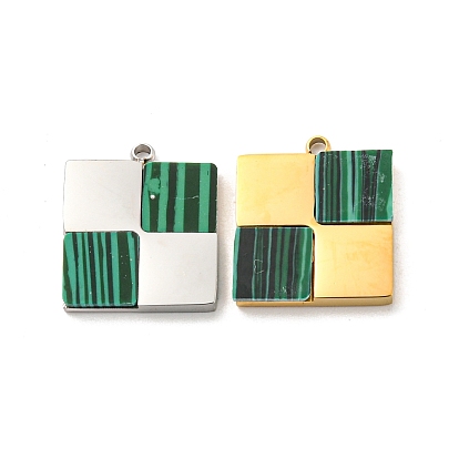 Synthetic Malachite Charms, with 304 Stainless Steel Findings, Square Charms
