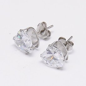 Cubic Zirconia Ear Studs, with Stainless Steel Base, Heart, Pin: 0.7mm