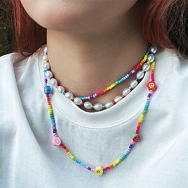 Bohemian Rainbow Handmade Beaded Pearl Layered Necklace for Women Fashion