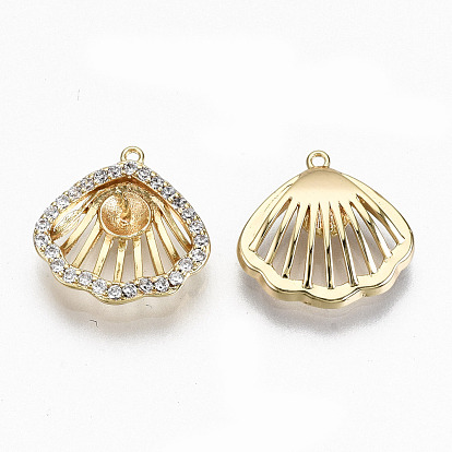 Laiton creux micro pave clair zircone cubique cheville charmes, pour perle à moitié percée, sans nickel, forme coquille, réel 18 k plaqué or