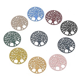 Spray Painted 430 Stainless Steel Connector Charms, Flat Round with Tree of Life Link